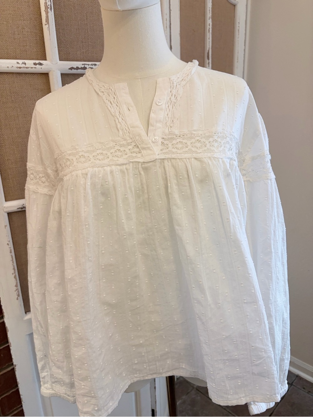 Free People Boho Swiss Dot Lace Trim Peasant Blouse White XS NWT